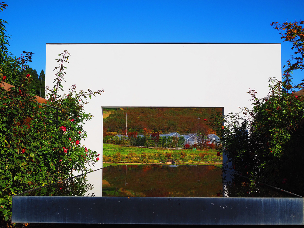 中之条ガーデンズ内の建物のガラスに反映するガーデン